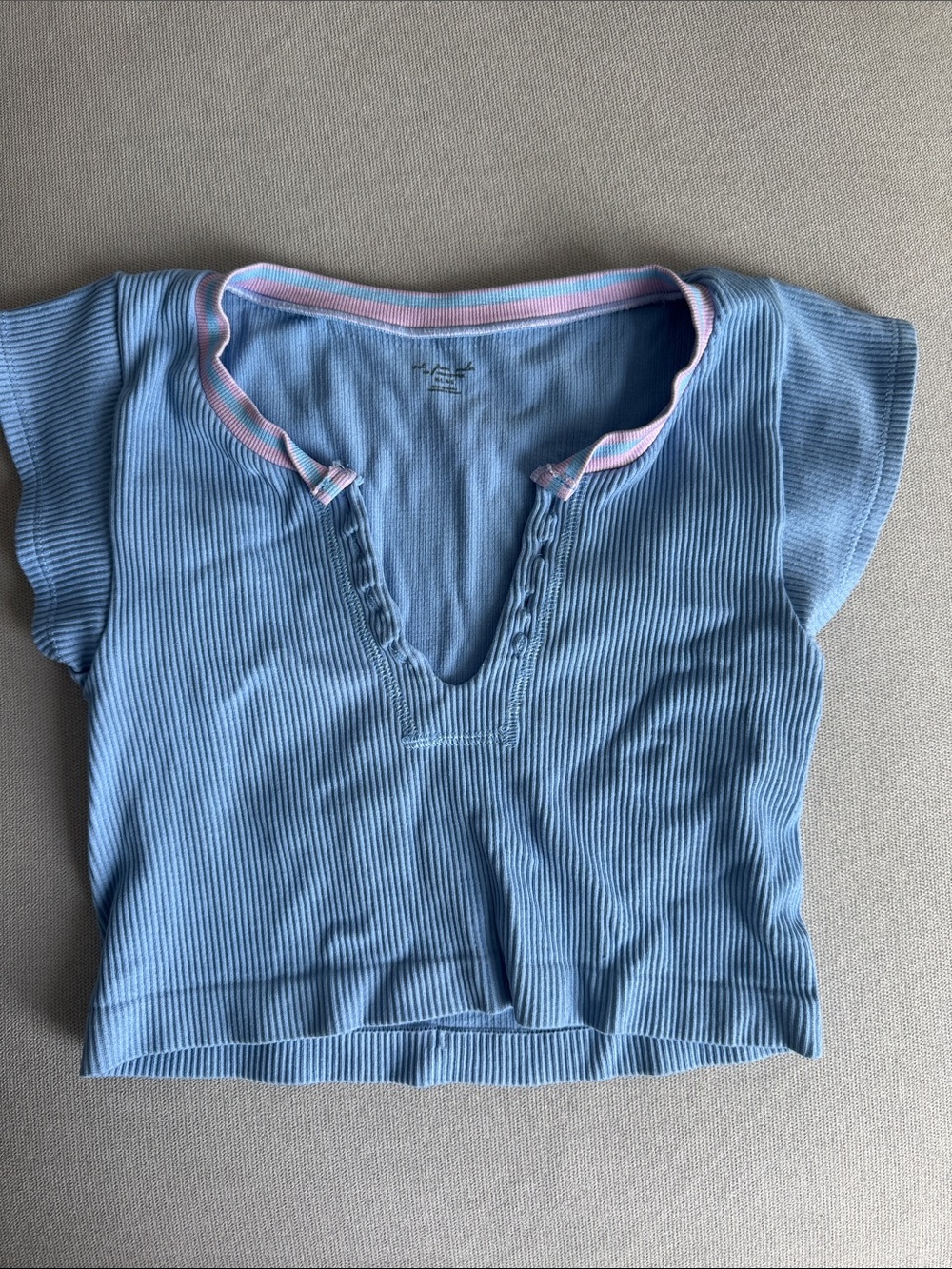 Urban Outfitters Light Blue Ribbed V-Notch Tee with Pink Trim